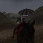 В дождь, на лошади... под зонтом...романтика блин...:)